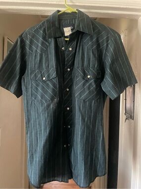 Vintage Wrangler Dark Teal Pinstripe Short-Sleeve Western Shirt